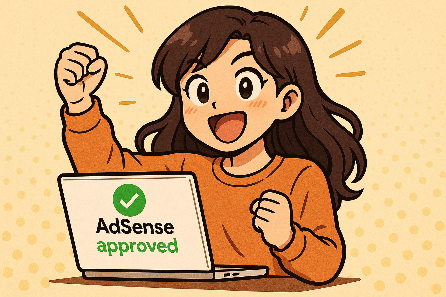 기쁨에 찬 표정으로 구글 애드센스 승인 화면을 바라보는 여성 블로거의 만화 스타일 일러스트