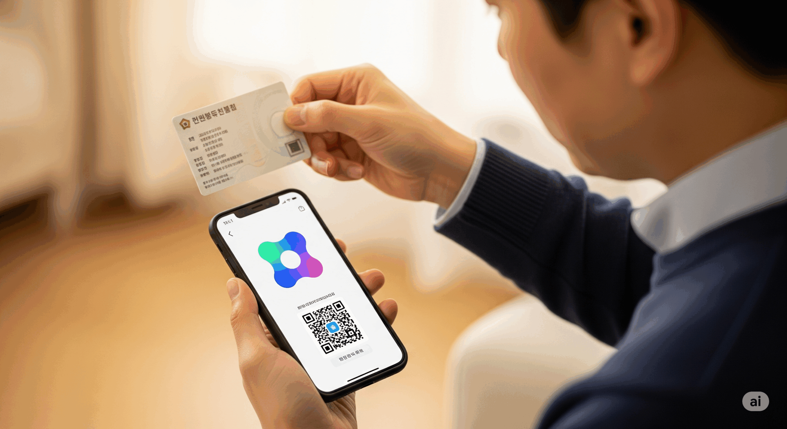 QR 코드를 사용하여 모바일 신분증을 인증하는 남자
